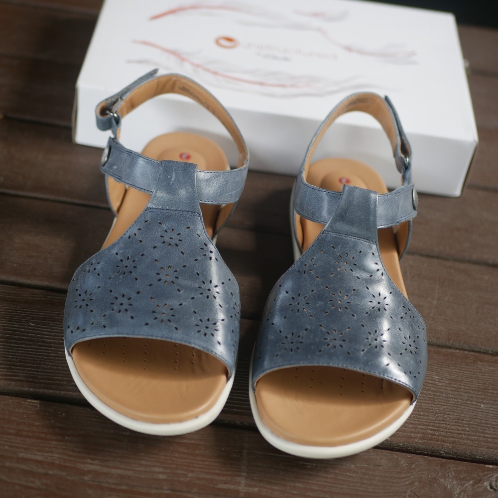 WIDE Clarks Sandals, Blue-Grey Leather